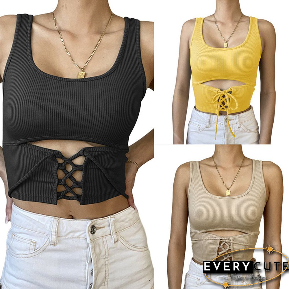 Women's Shirt Sexy U-neck Hollow Out Camisole Sleeveless Solid Color Criss Cross Tank Top Lace-up Rib Knit Crop Tops