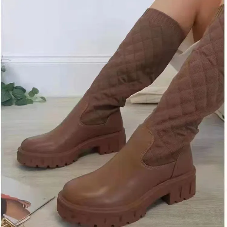 2022 Flats Shoes Thick Sole Boots Autumn Winter Breathable Knitting Upper Women Thigh High Boots Stretch Round Toe Black Boots