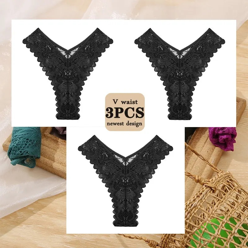 3PCS/Set Floral Lace Panties Perspective Sexy Underwear Women Panties Brazilian Briefs Lingerie V Waist Design Female Underpants