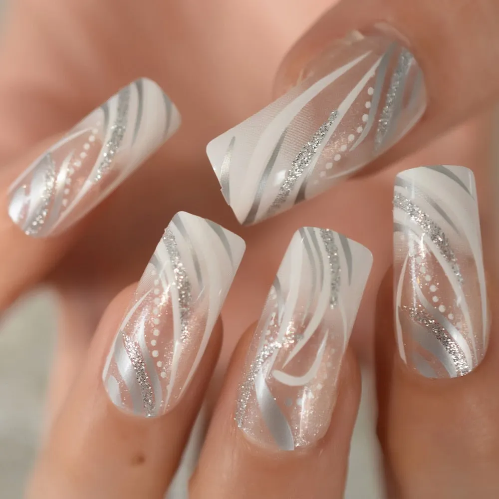 Pearl Shine Glossy Fake Nails Shimmer White Square Ombre French Nail Faux Ongles Gradient Medium Fingernails with Gluetabs-Nail Inspo