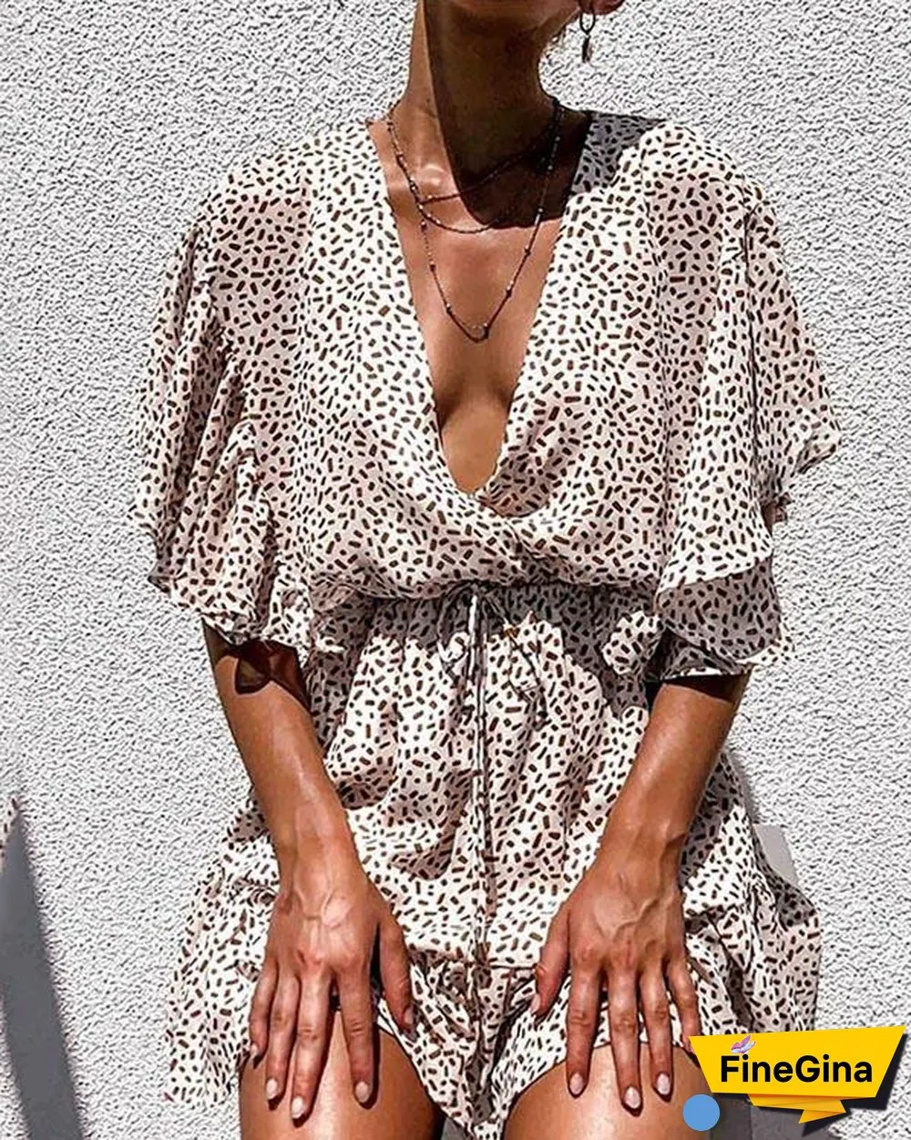 Sexy Elastic Waist Deep V-neck Ruffled Beach Dress