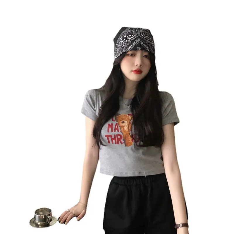 Brownm Brownm 2023 New Korean Letter Bear Print Short-Sleeved T-Shirt Women Slim Short Top Women's Wear
