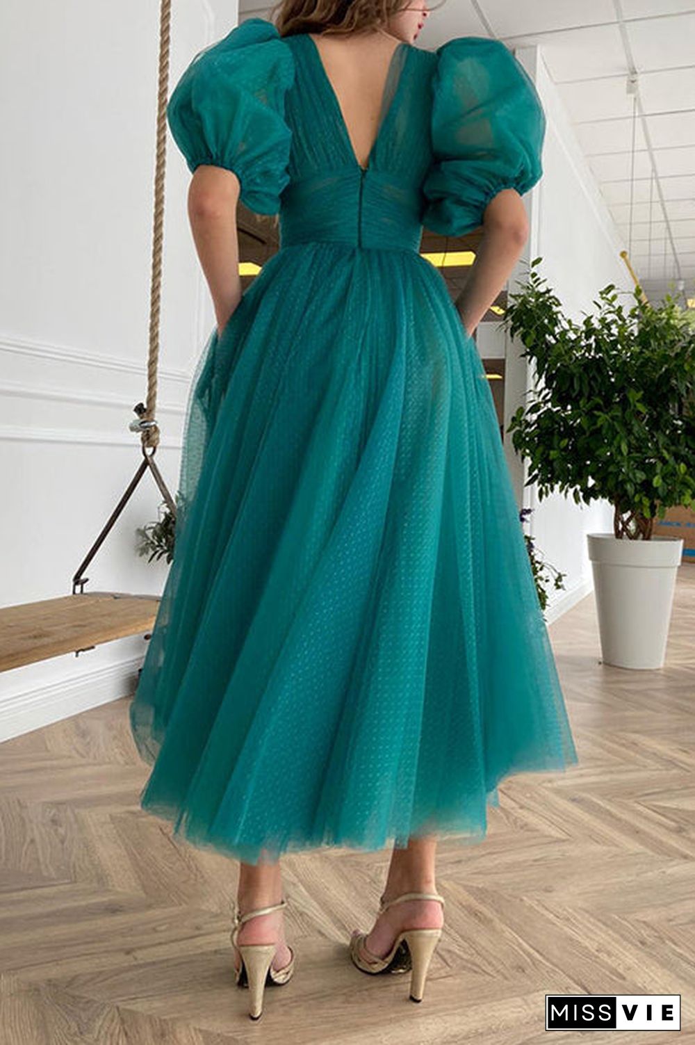 Dot V Neck Button Empire Waist Mesh Maxi Dress