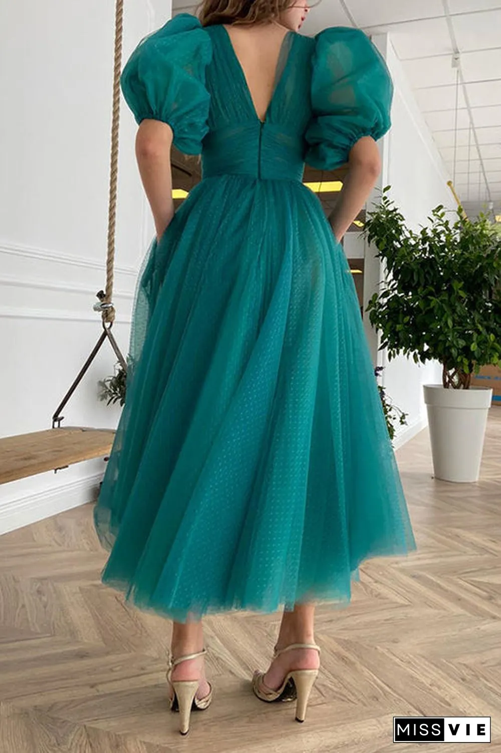 Dot V Neck Button Empire Waist Mesh Maxi Dress