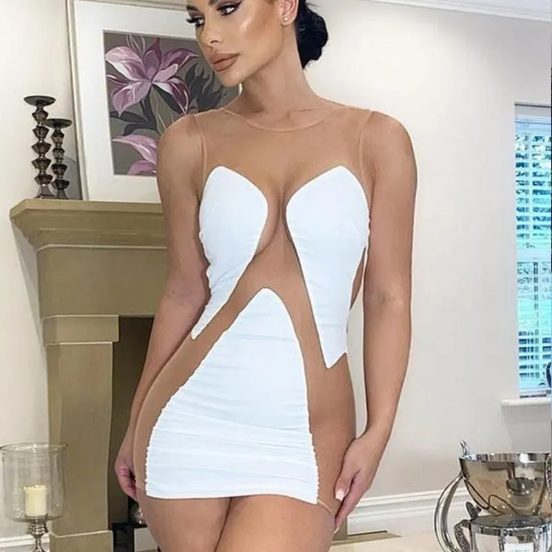 BIIKPIIK Mesh Patchwork Mini Dress Elegant Women Transparent Sleeveless O-Neck Bodycon Party Clubwear Clothing Fashion Dresses