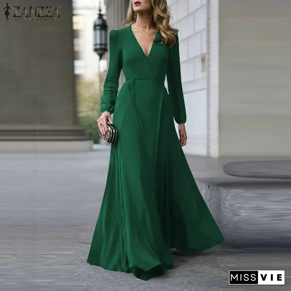 ZANZEA Autumn Long Sleeve Maxi Dresses Women Sexy Deep V Neck Bohemian Party Wedding Dress