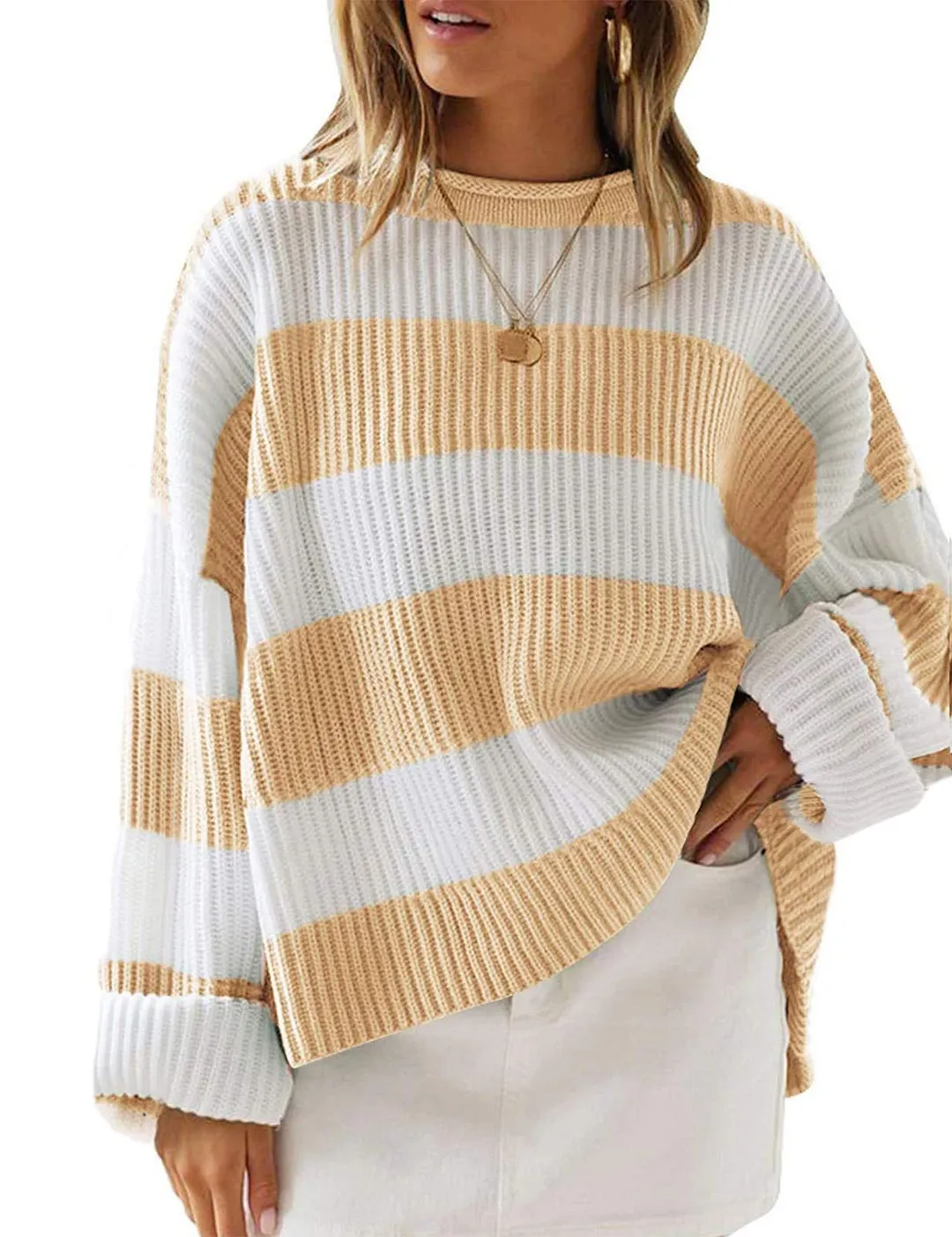 Churchf Churchf Temperament Round Collar Long Sleeve Sweater Women's Autumn And Winter New Stripe Loose Casual Sweater Jacket Female