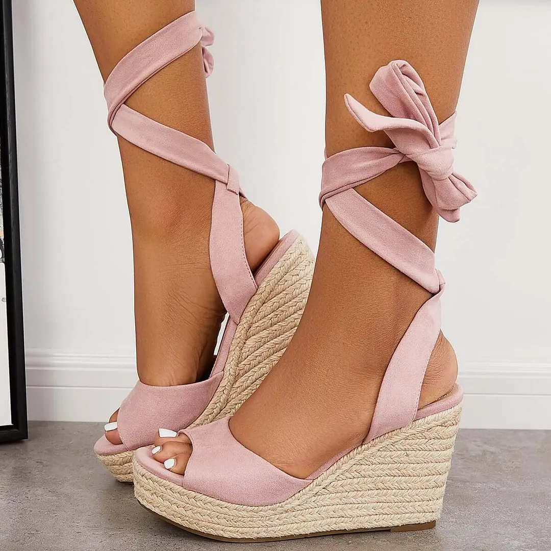 Lace up Espadrille Heel Platform Wedges Ankle Strap Sandals
