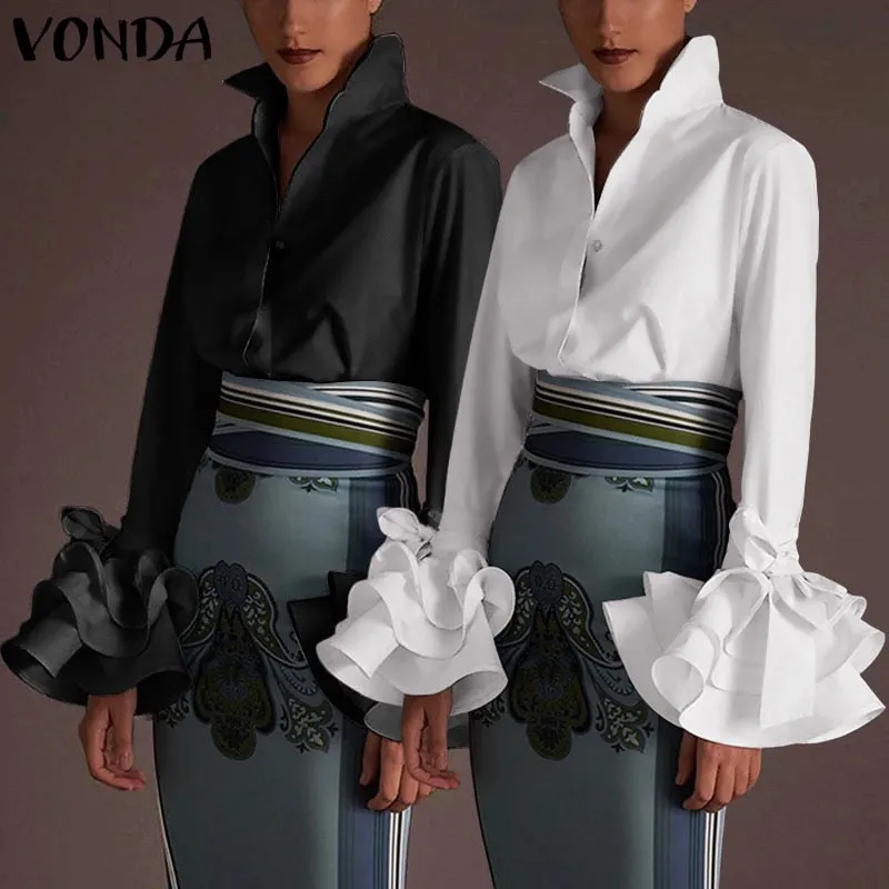 Elegant Women Shirts 2022 VONDA Ladies Office Blouse Casual Solid Tops Turn-down Collar Long Sleeve Party Tops  Blusas