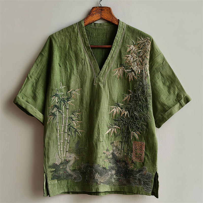 Japanese Bamboo & Pine Tree Embroidered Linen Shirt
