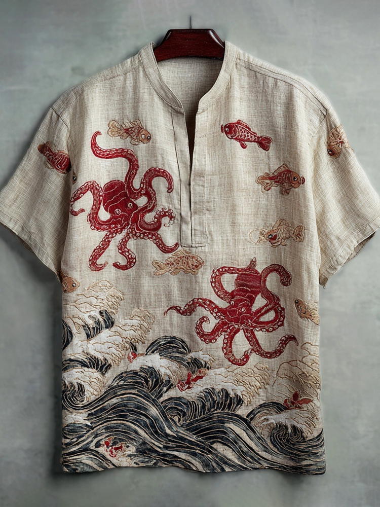 Japanese Ocean Octopus Embroidery Men's Linen Short Sleeve Shirt