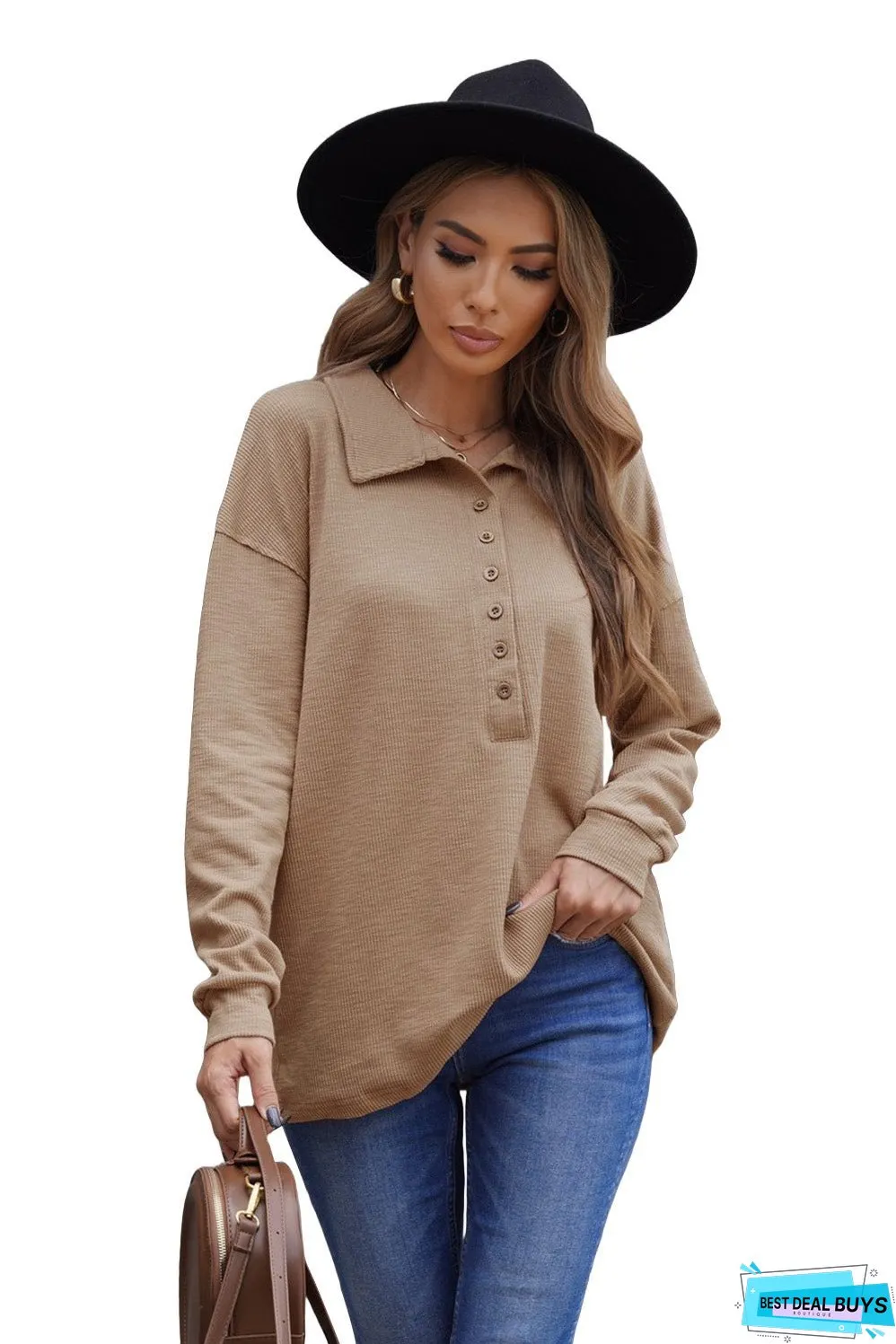 Button Turn-down Neck Knit Top