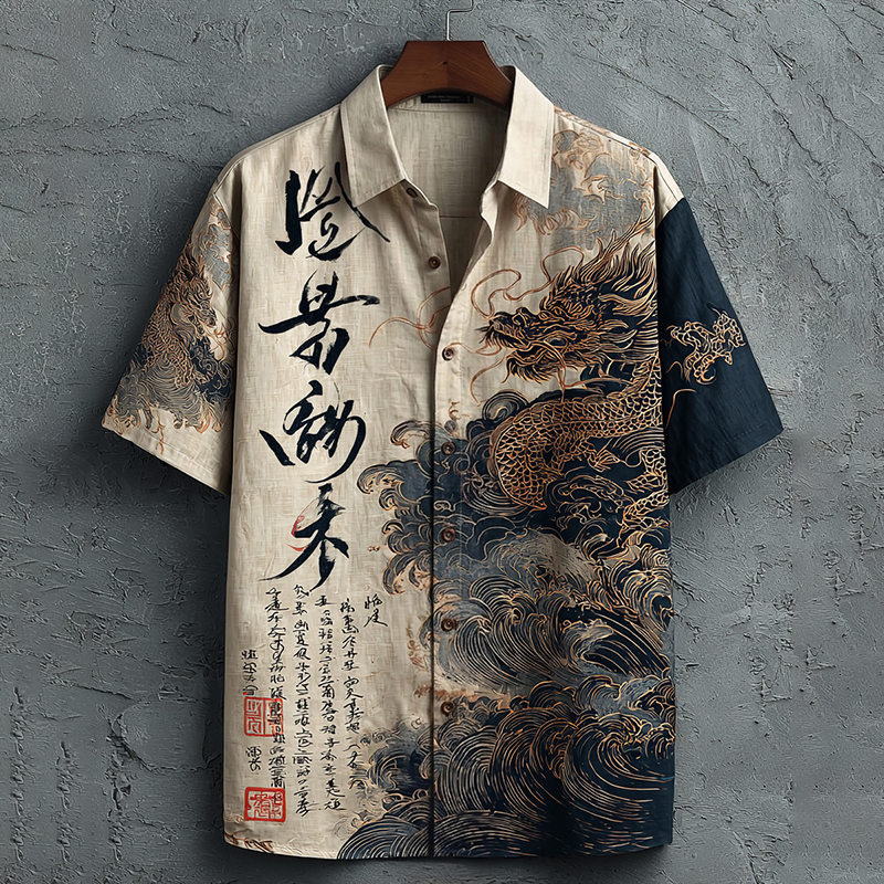 Men's Japanese Dragon Art Pattern Short Sleeve Shirt elevenforest