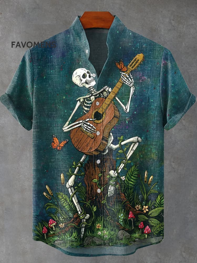 Vintage Fun Skull Guitar Flowers Art Print Casual 100% Cotton Shirt Multicolor / S