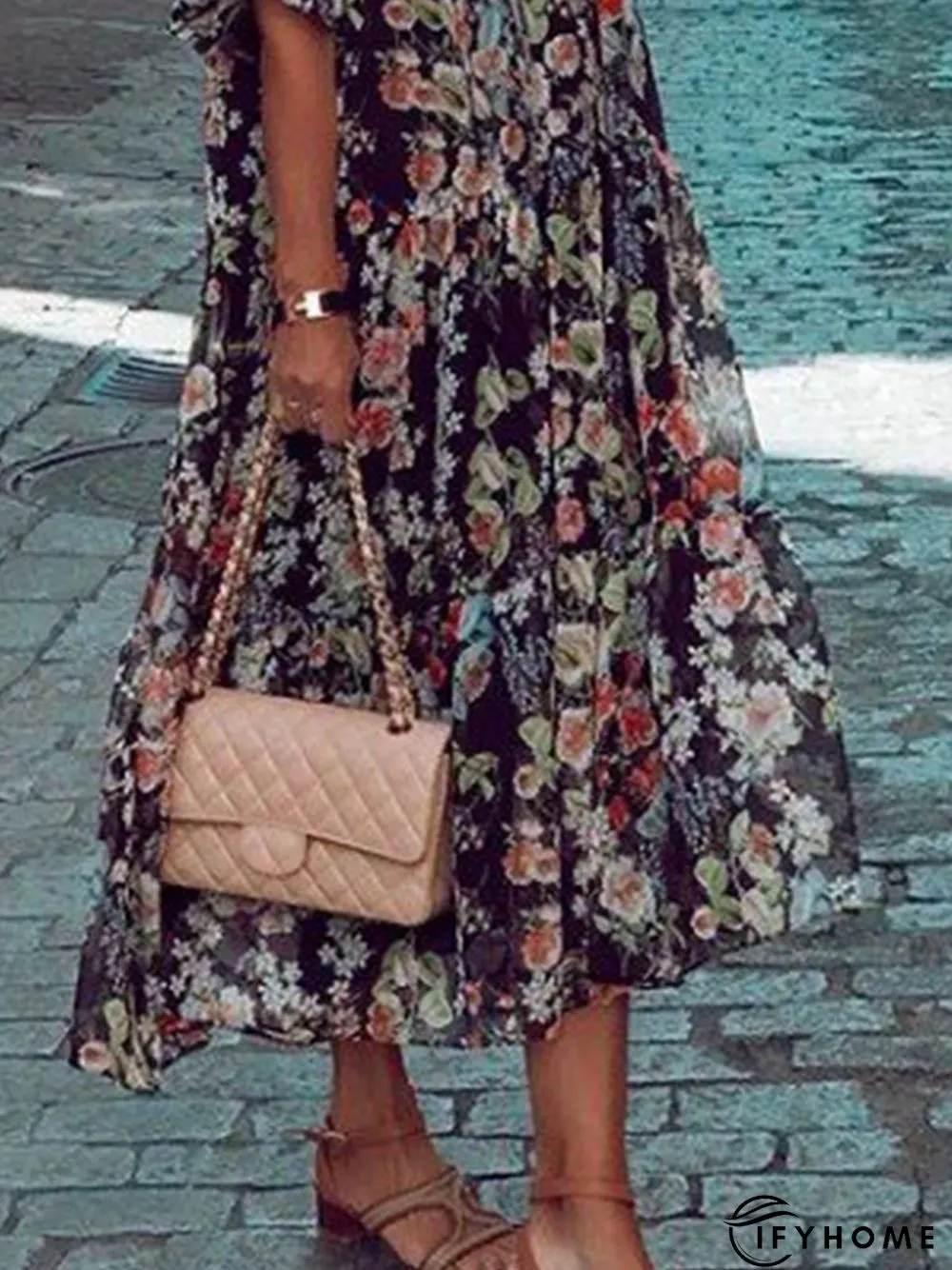 V Neck Jacquard Short Sleeve Weaving Dress | IFYHOME