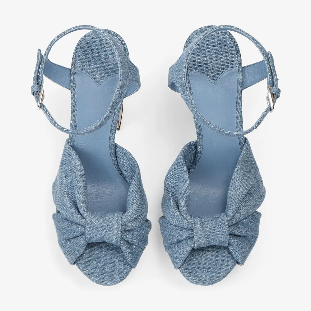 Women's Blue Platform Chunky Heel Ankle Strap Knot Denim Sandals