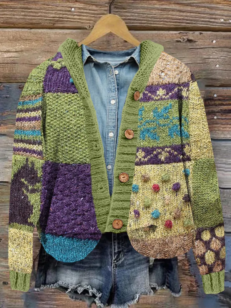 Vintage Knitted Patchwork Cozy Hooded Cardigan