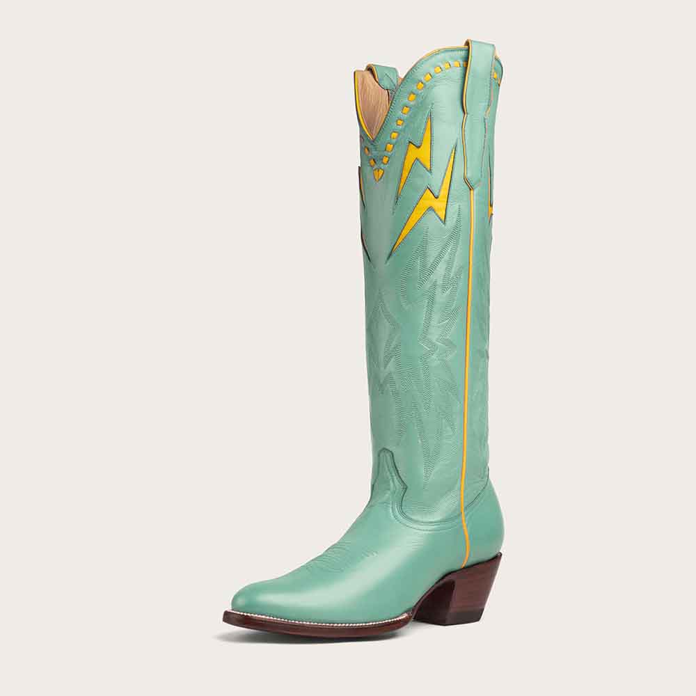 Light Green Round Toe Chunky Heel Wide Calf Knee High Cowgirl Boots