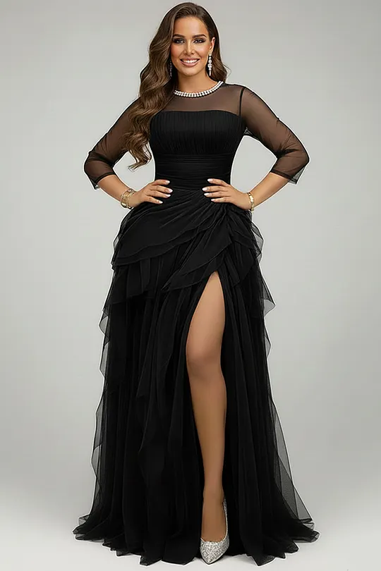 knee length dresses for ladies Plus Elegant V Neck Long Sleeve Velvet Slit Dress Burgundy / 4XL main image 1