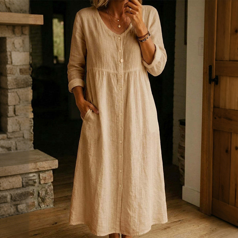 Women's Solid Color Buttons Linen Blend Maxi Dress elevenforest