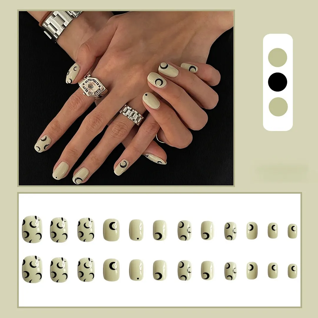 24Pcs/Box French Short False Nails with Moon Design Detachable Manicure Patches Press On Nails Full Cover Fake Nails Tips-Nail Inspo