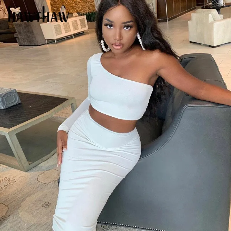 Hawthaw Women Long Sleeve Off Shoulder Crop Tops Long Pencil Skirt Skinny Slim Autumn Fall Two Piece Sets Clothes Suit 2Pc