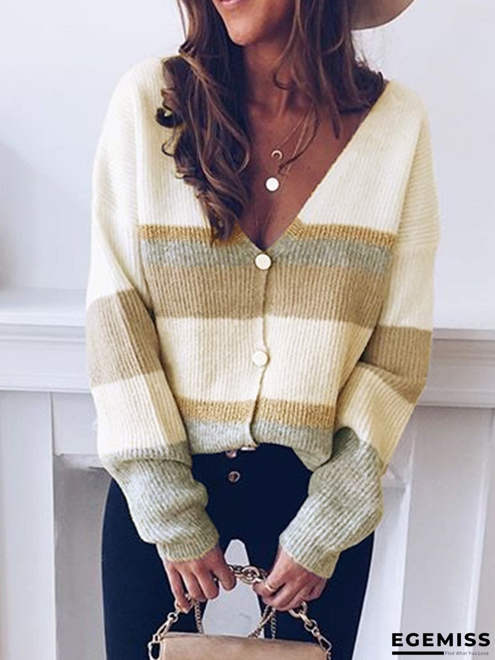 Long Sleeve V Neck Color-Block Sweater | EGEMISS