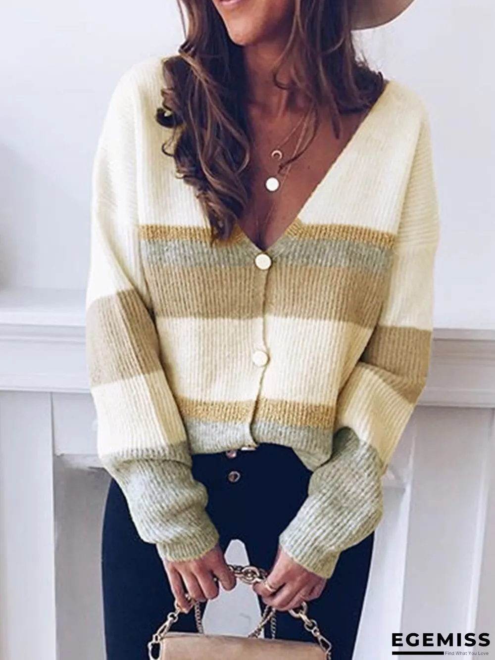 Long Sleeve V Neck Color-Block Sweater | EGEMISS