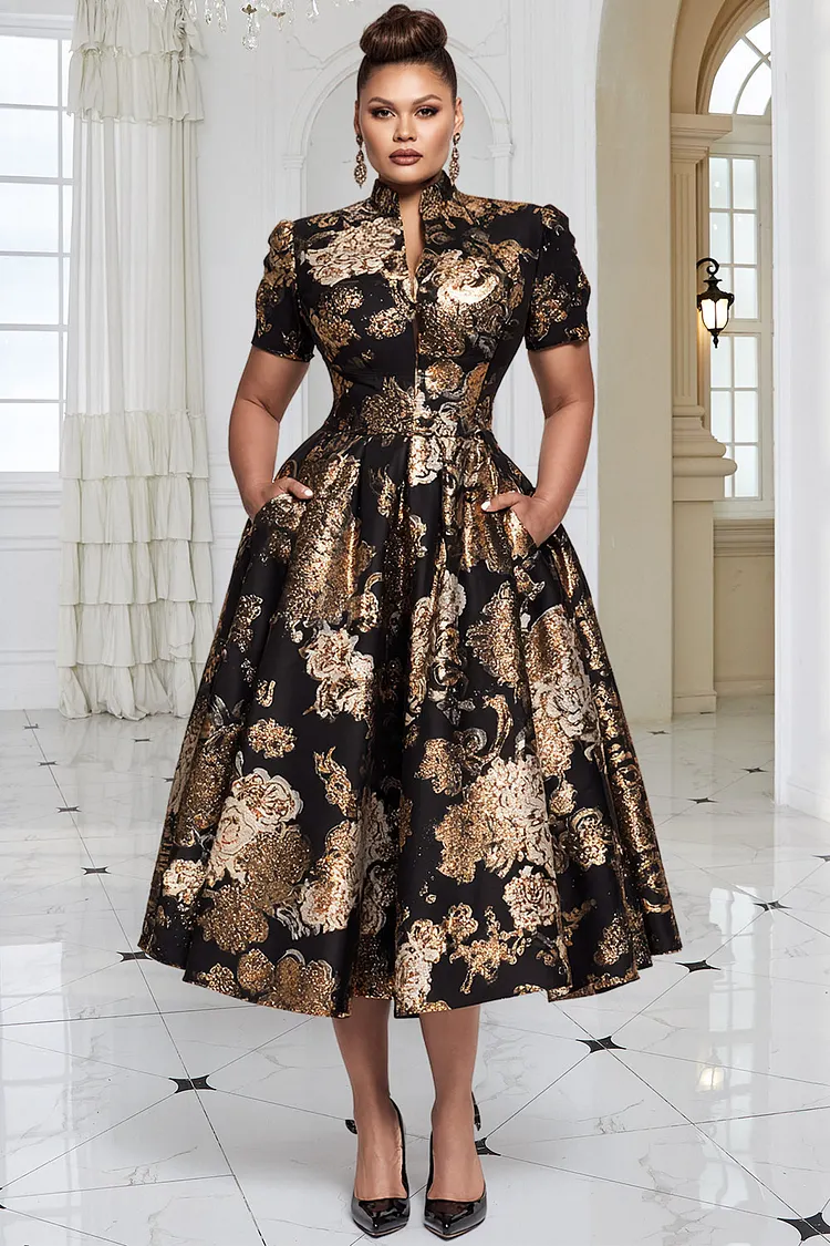 Xpluswear Design Plus Size Formal Black All Over Print Stand-Up Collar Short Sleeve Pocket Elegant Satin Midi Dresses Black-2XL/18-20