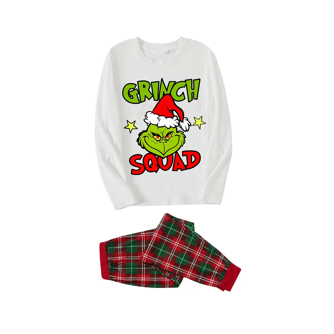 Cute Cartoon and Funny Christmas Slogan Print Contrast White Long Sleeve with Red and Green Plaid Pants Family Matching Pajamas