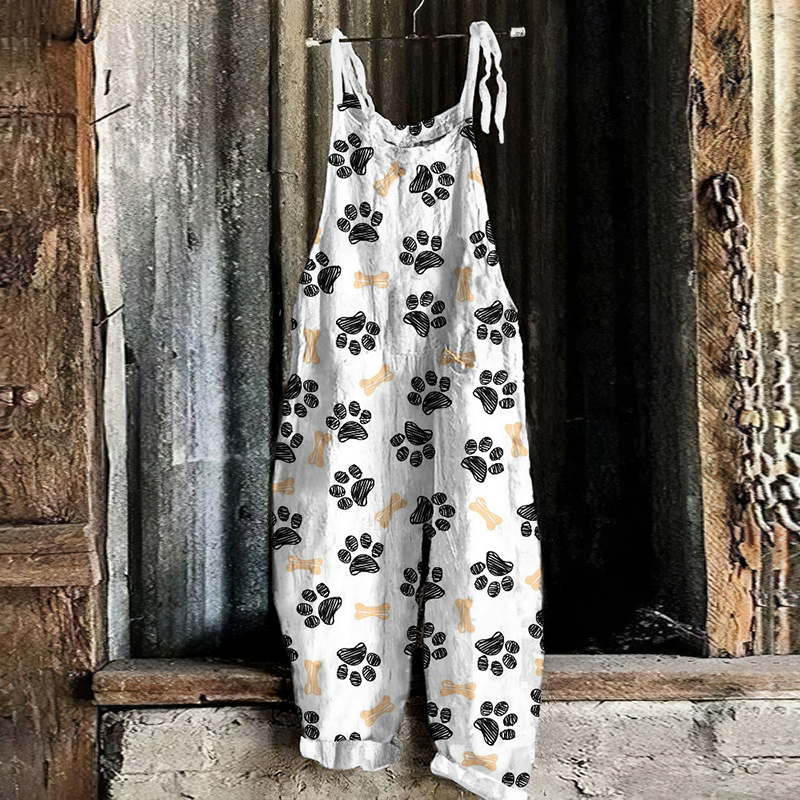 Vintage Funny Puppy Paw Printed Funny Casual Loose Jumpsuit