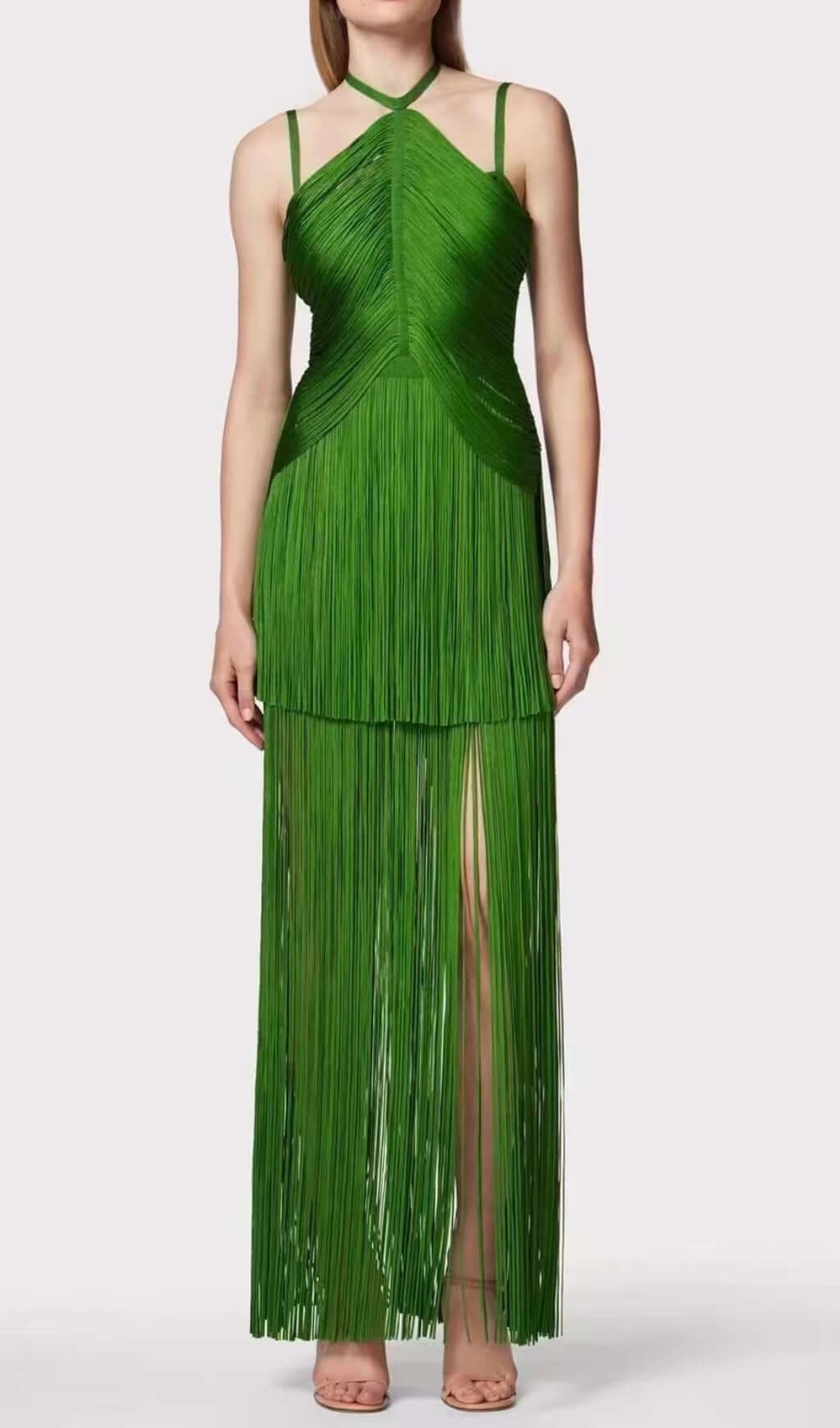 Fashionslee WomenBrooklyn Green Halter Tassel Maxi Dress