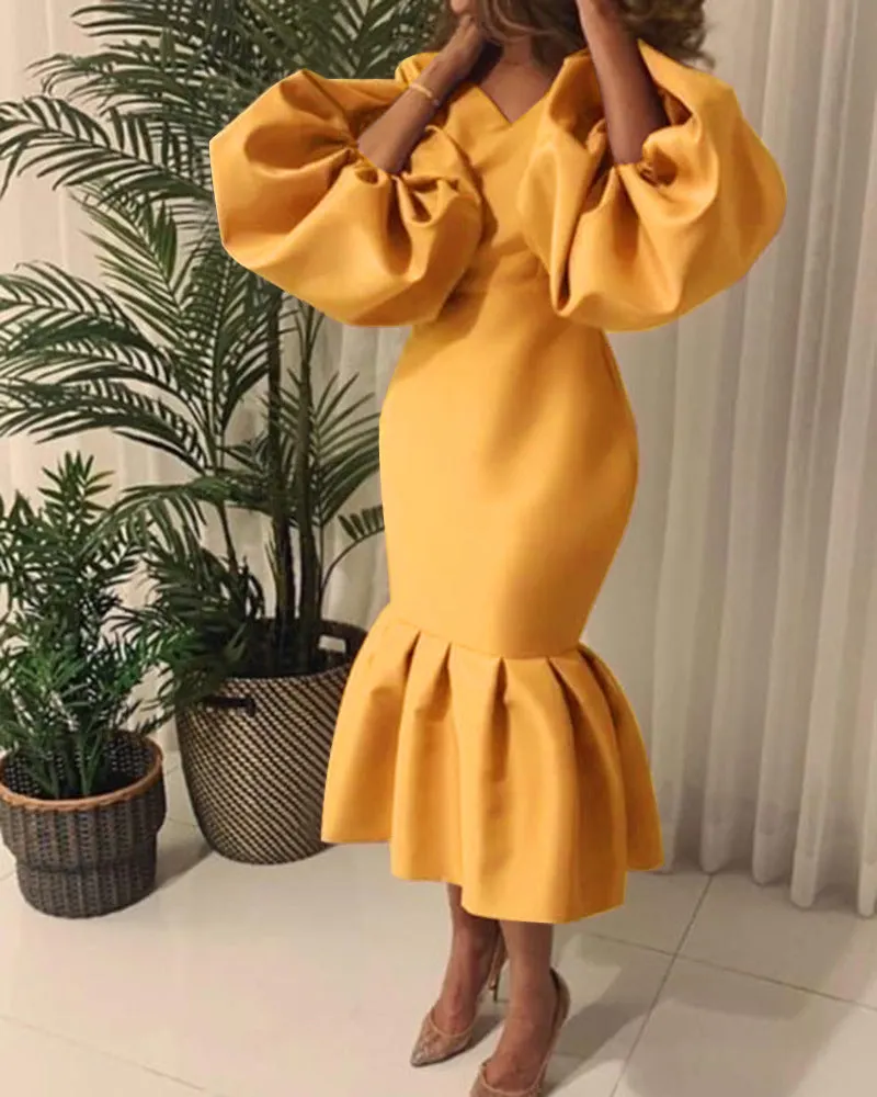 Brownm Commute Plus Size Women's Fashion Solid Color V-neck Bubble Long Sleeve Fishtail Dress