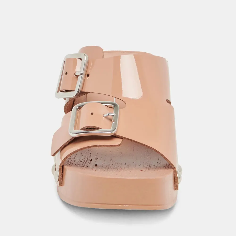 Square Toe Studded Mid Block Heel Buckled Nude Platform Mules