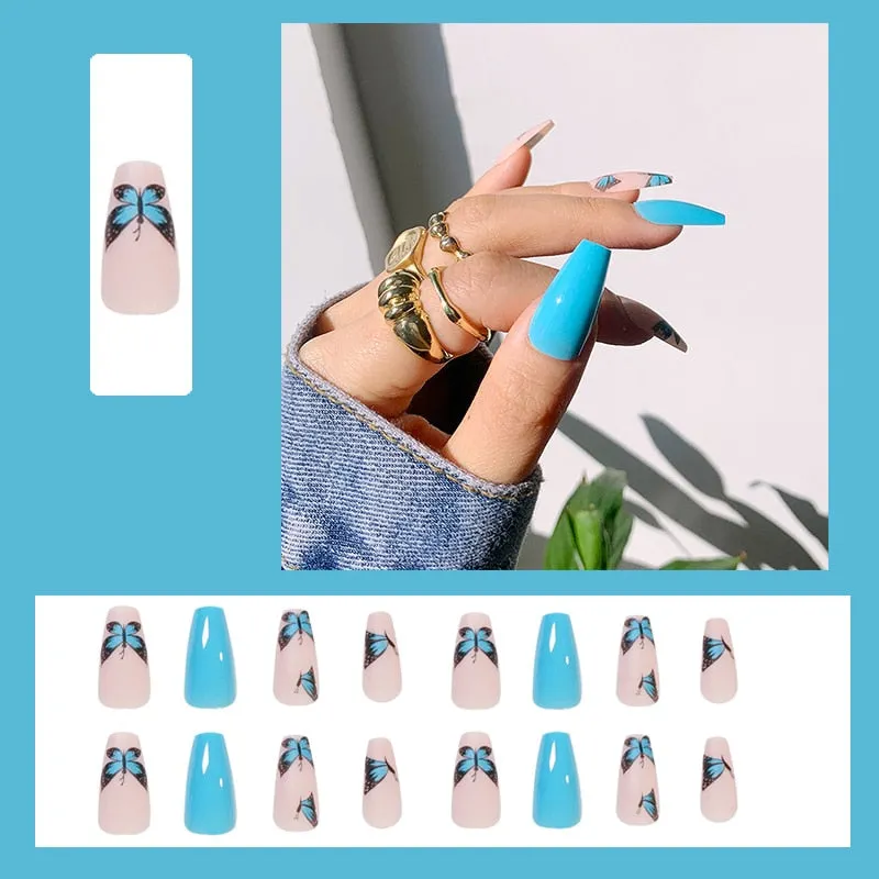 24pcs/box Blue Dye With Sequins Decorated press on nail tips Frosted Square Head Short Wearable Full Cover fake nails with glue-Nail Inspo