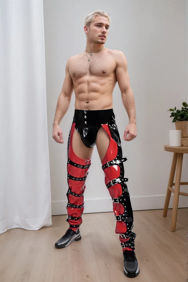 Men Buckled Latex Pants Bronco Chaps