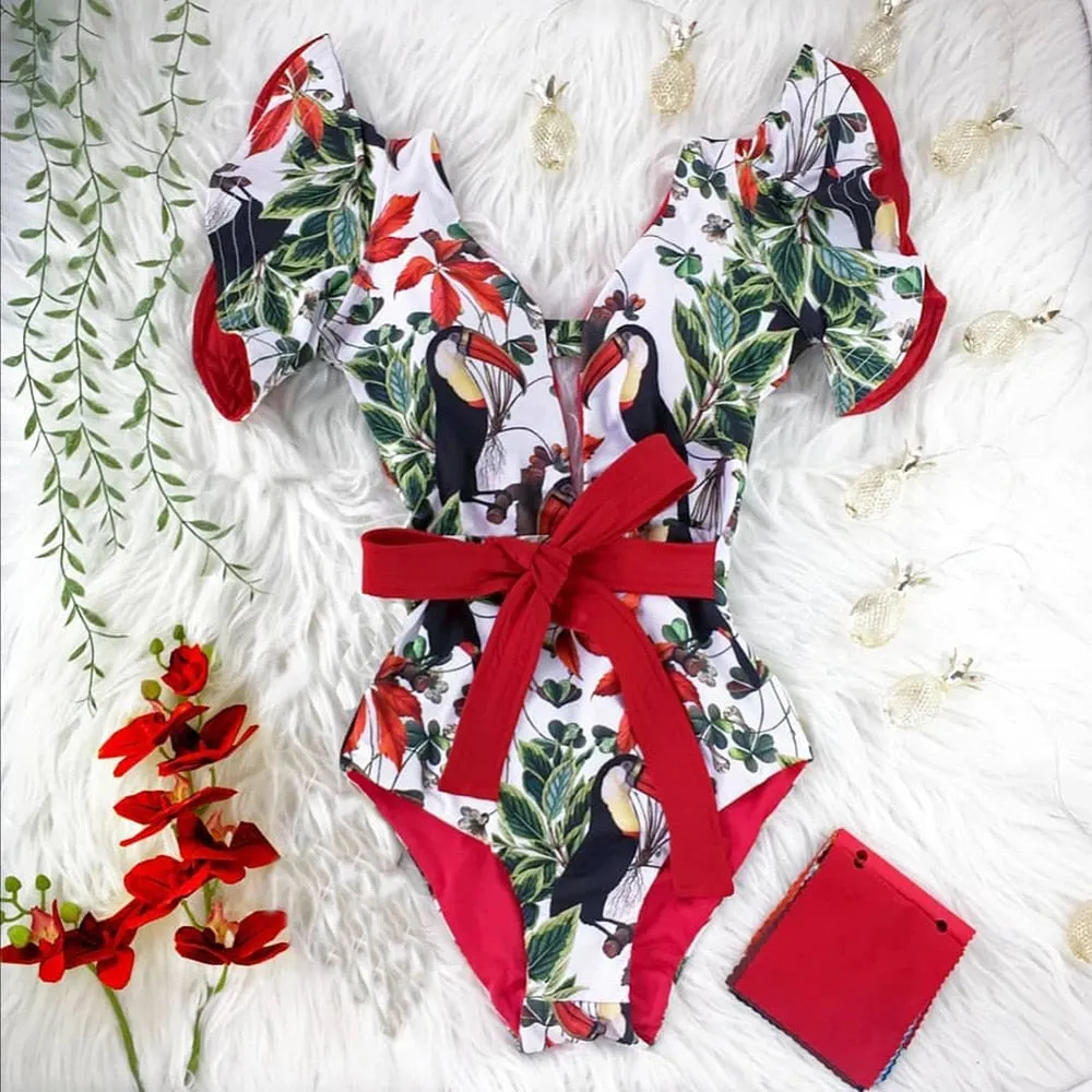 2022 New Sexy Ruffle Print Floral One Piece Swimsuit Off The Shoulder Swimwear Women Solid Deep-V Beachwear Bathing Suit Monkini
