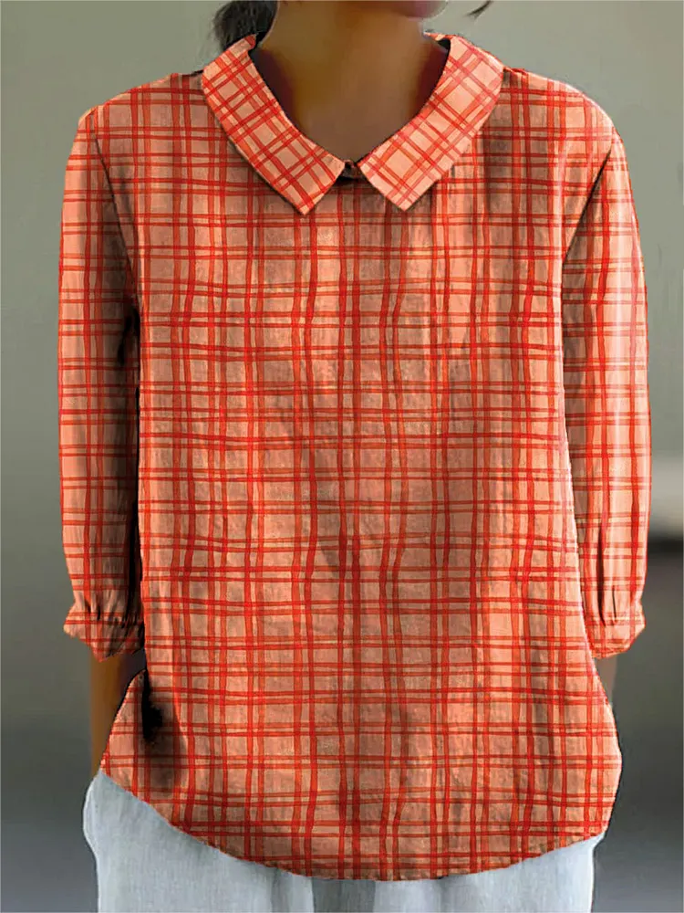 Women's Fashion Color Block Art Print Casual Cotton And Linen 3/4 Sleeve Shirt