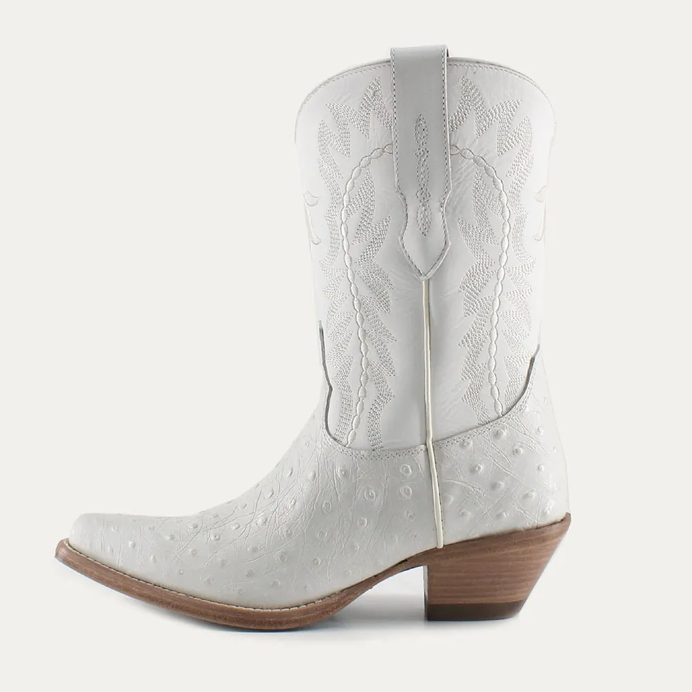 White Snip Toe Chunky Heel Embroidered Pull On Cowgirl Boots