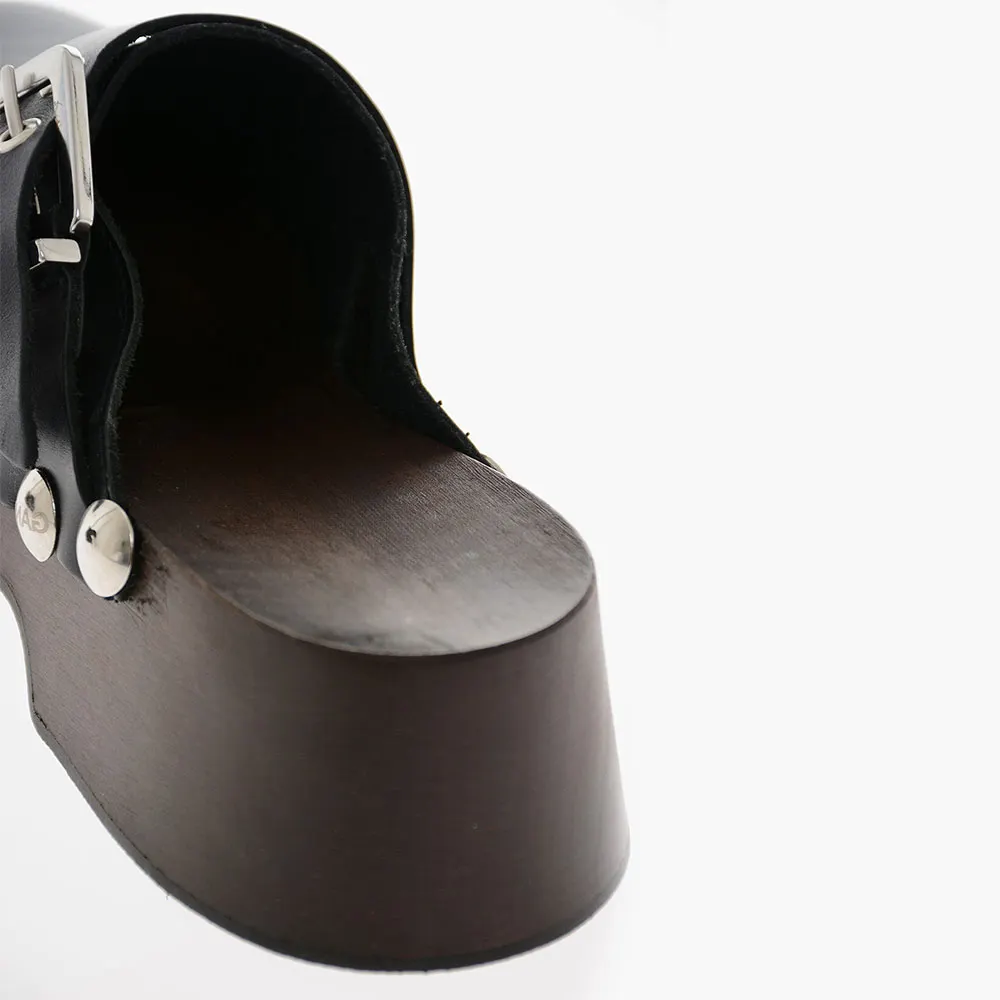 Black Faux Leather Round Toe Platform Studded Mule Heels with Buckle