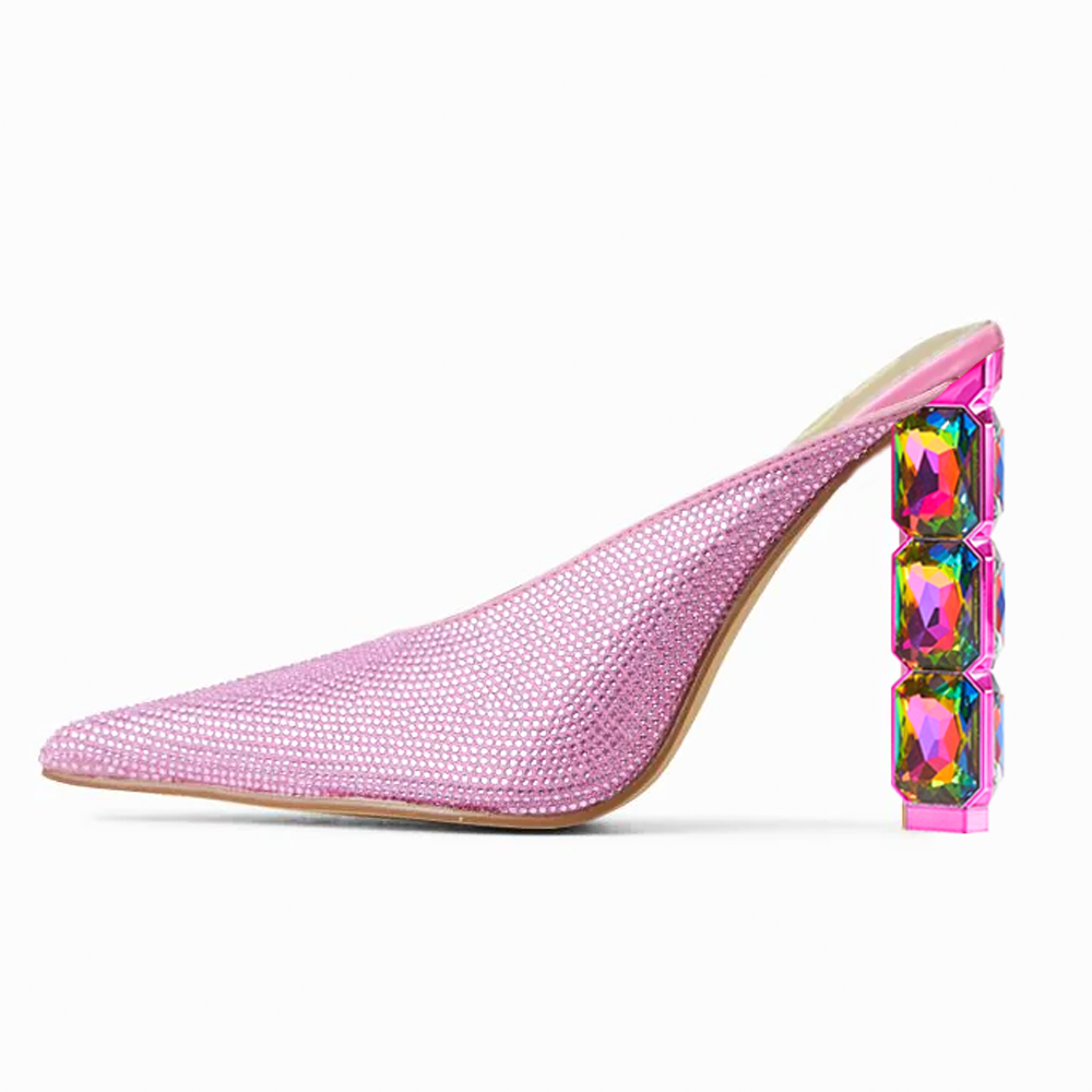 Elegant Pink Pointed Toe Decorative Heel Rhinestone Mules Sandals Nicepairs