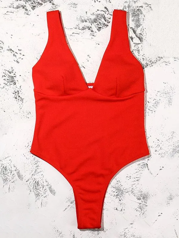Solid Color V-Neck One-Piece Swimwear