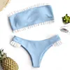 2019 New Bikinis Women Frilled Textured Strapless Bikini Set Swimsuits Swimwear Padded Low Waist Ruffles Bandeau Swimming Suit