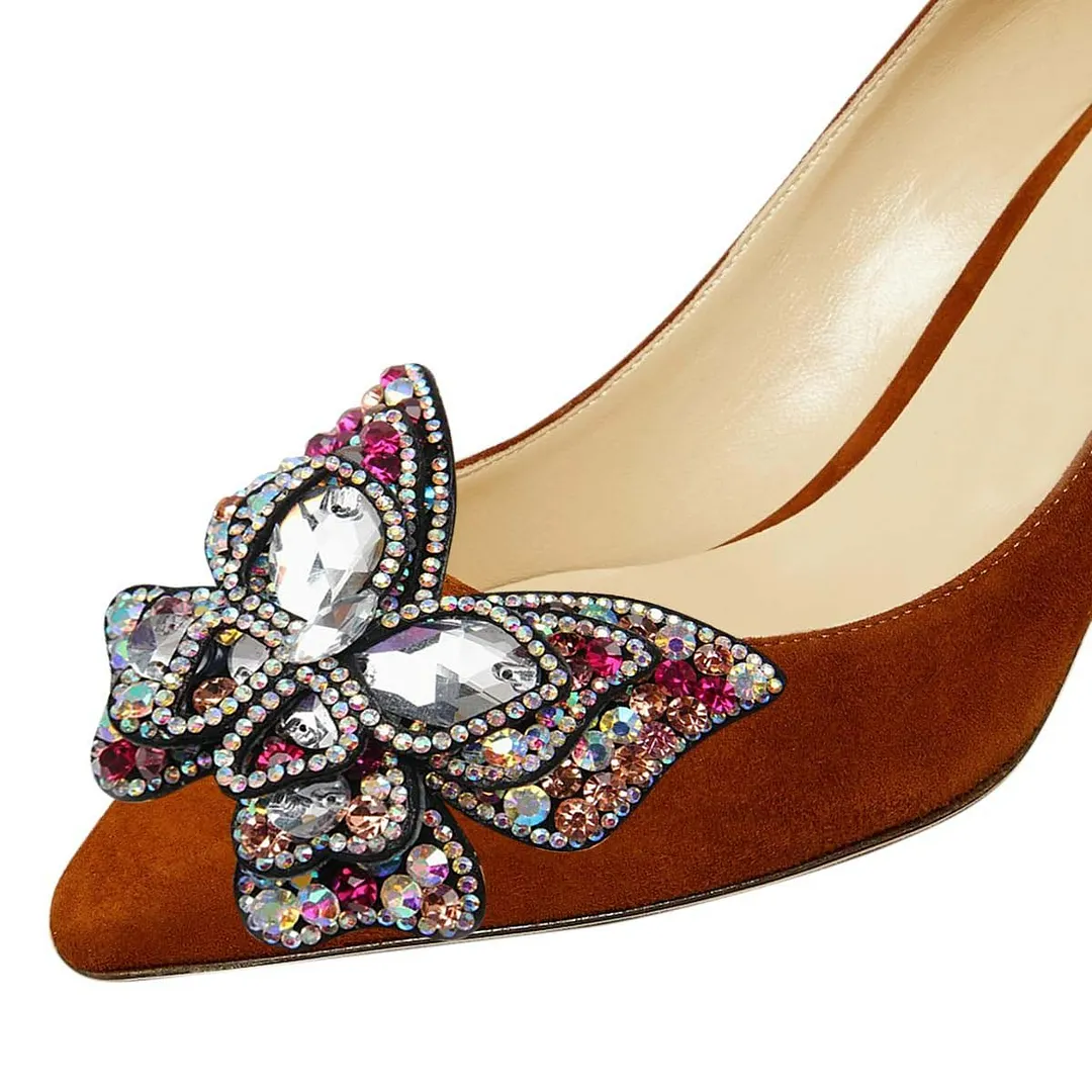 Tan Vegan Suede Rhinestone Butterfly Pointed Toe Block Heel Pumps