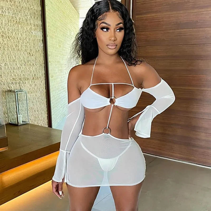 BIIKPIIK Hollow Out Sexy Clubwear Dress Slash Neck Floarl Print Party Dresses Bodycon Mesh Sexy Summer Vacation Outifits Wear
