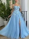 Sky Blossom Baby Light Pale Blue Prom Dress 3D Flowers Floral Applique Thin Spaghetti Strap Tulle A Line High Leg Split Formal Sweetheart