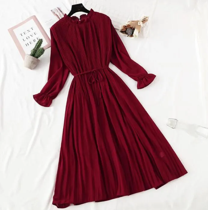 Polka Dot Print Women Chiffon Pleated Dress Sweet Flare Sleeve Party Dresses Casual Loose Lady Office Midi Dress Vestidos Mujer