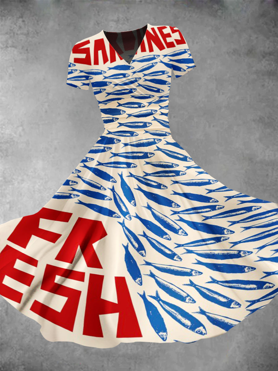 Fish Sardines Art Print V-Neck Short Sleeve Vintage Maxi Dress