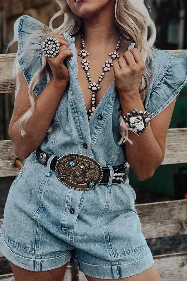 Ruffled Buttoned Washed Denim Romper-0520