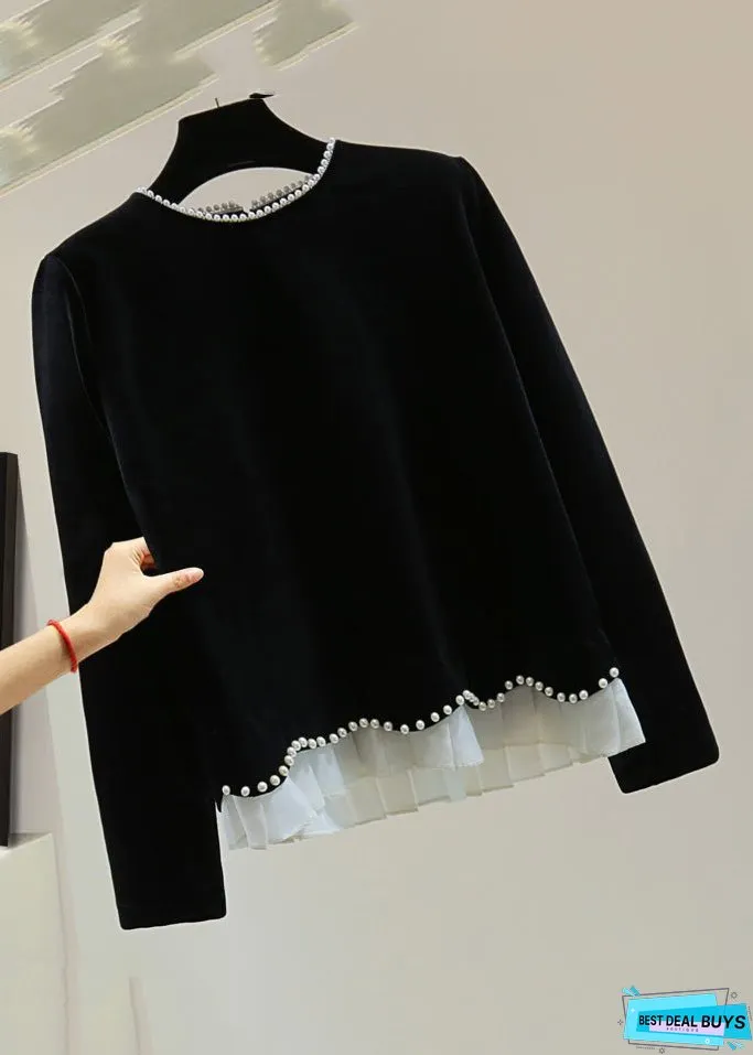 Simple Black O-Neck Nail Bead Silk Velvet Sweater Winter